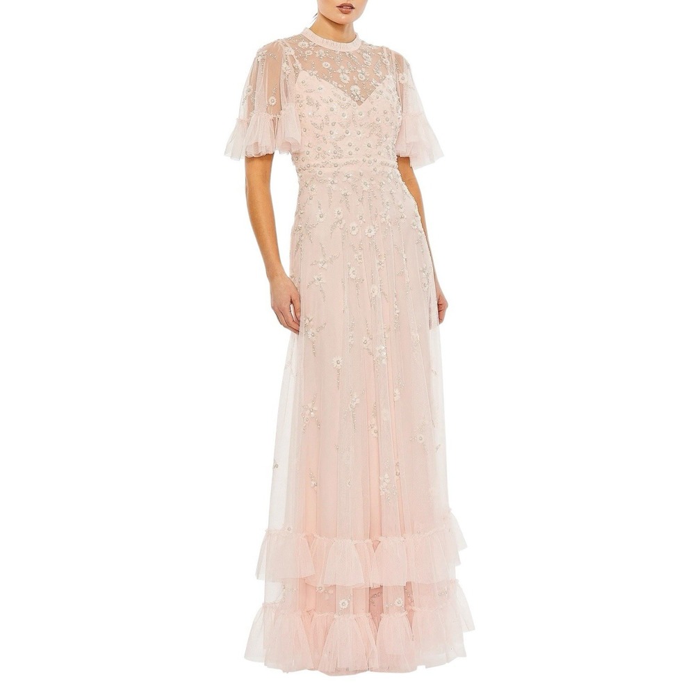 Mac Duggal 9199 Pearl Ruffle Floral Embellished Flutter Sleeve Gown Size 16 $798